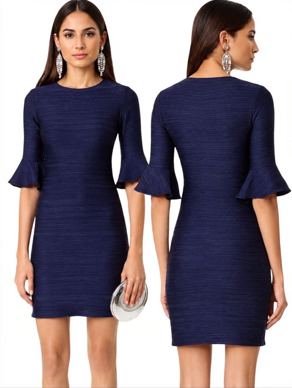 Shoshanna Bluxome Navy Bell Sleeve Sheath Dress Size M Ribbed Texture